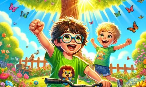 Ilustración que representa un jardín soleado, lleno de flores coloridas y árboles frondosos, con un gran árbol majestuoso en el centro, cuyas ramas se extienden hacia el cielo azul. En primer plano, un niño de 9 años, con el cabello castaño alborotado y gafas, está sentado en su pequeña bicicleta adaptada, con una gran sonrisa en su rostro. Lleva una camiseta verde con un dragón sonriente y un pantalón corto azul. A su lado, un niño de 10 años, con cabello rubio y ropa colorida, lo anima con entusiasmo, levantando los brazos en señal de aplauso. La escena muestra al niño pedaleando con determinación, mientras mariposas coloridas vuelan a su alrededor, añadiendo un toque de magia a este momento de alegría y éxito.