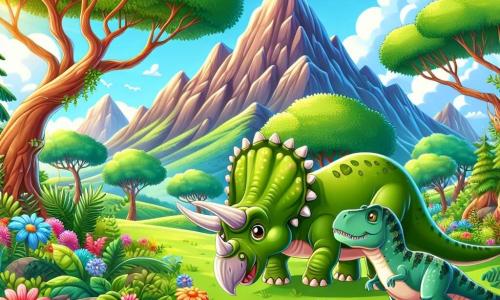 Illustratie van een levendig en kleurrijk prehistorisch landschap, met grote bergen op de achtergrond, reusachtige bomen met weelderige groene bladeren en bloemen in felle kleuren. Op de voorgrond staat een majestueuze triceratops met drie grote hoorns op zijn hoofd, een dikke en ruwe groene huid, trots te grazen van sappige bladeren van een boom. Naast hem kijkt een kleine tyrannosaurus, met een slank lichaam en bruine schubben, nieuwsgierig toe, zijn heldere ogen vol verwondering. De scène straalt een vrolijke en avontuurlijke sfeer uit, terwijl de twee dinosaurussen hun omgeving verkennen, omringd door kleurrijke vlinders die om hen heen fladderen. De lucht is blauw met enkele donzige witte wolken, en de zon schijnt, wat een vleugje warmte toevoegt aan deze ontdekkingsdag.