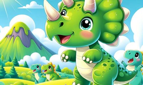 Illustratie van een zonnige scène op een hoge groene berg, met zachte heuvels en kleurrijke bomen. Op de voorgrond staat een grote, felgroene triceratops met drie majestueuze hoorns op zijn voorhoofd, vrolijk en met sprankelende ogen van blijdschap. Hij speelt met zijn familie, een paar iets kleinere dinosaurussen in blauw en geel, die hem teder aankijken. De scène straalt vreugde en veiligheid uit, terwijl de triceratops lacht, omringd door kleurrijke bloemen en een blauwe lucht met donzige witte wolken. Op de achtergrond is een vriendelijke brontosaurus te zien, wiens slanke silhouet zich aftekent tegen de lucht, wat een vleugje magie toevoegt aan dit moment van kameraadschap en gezinsgeluk.
