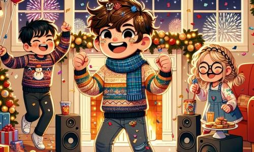 Illustrazione che rappresenta una scena festosa in un salotto accogliente decorato per il Capodanno. Le pareti sono adornate con ghirlande scintillanti e palloncini dorati e rossi, mentre un grande pannello "Benvenuto 2024!" troneggia sopra un camino decorato. Al centro della stanza, un ragazzo di 11 anni, con i capelli castani arruffati e un sorriso splendente, sta ballando gioiosamente, vestito con un maglione colorato e pantaloni di jeans. Tiene dei coriandoli nelle mani, pronto a lanciarli in aria. Accanto a lui, una ragazza di circa 10 anni, con i capelli biondi intrecciati e occhiali, ride mentre tiene un vassoio di biscotti decorati, mentre un ragazzo di 11 anni, con i capelli neri e gli occhi scintillanti, si prepara a mettere musica su un piccolo altoparlante. La stanza è piena di risate ed eccitazione, e i fuochi d'artificio illuminano il cielo attraverso la finestra, aggiungendo un tocco magico a questa celebrazione. Piatti di deliziose prelibatezze sono disposti su un tavolo, creando un'atmosfera gioiosa e conviviale.