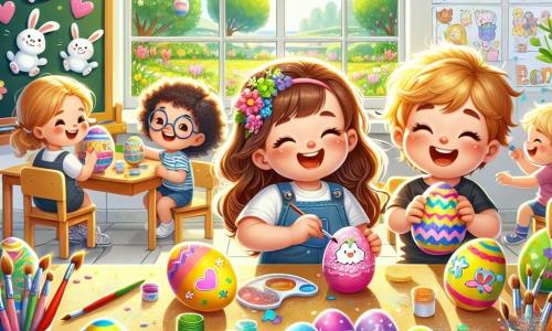 Illustrazione che rappresenta una scena gioiosa in un'aula luminosa, con grandi finestre che lasciano entrare la luce del sole. Le pareti sono decorate con disegni colorati e festoni pasquali, mentre un grande tavolo di legno è coperto di uova di Pasqua dipinte in modo creativo. Al centro dell'immagine, una bambina di tre anni, con lunghi capelli castani e trecce, sorride felice tenendo un uovo di Pasqua rosa decorato con cuori rossi. Accanto a lei, un bambino di tre anni, con capelli biondi e ricci, mostra orgogliosamente il suo uovo blu ornato di stelle gialle. Un'altra bambina di tre anni con capelli castani e occhiali è seduta per terra, circondata da glitter, mentre decora un uovo bianco con adesivi colorati. La scena principale mostra i bambini che si divertono insieme, ridendo e condividendo le loro creazioni, con pennelli e barattoli di vernice sparsi intorno a loro. Uova di Pasqua brillanti e colorate sono visibili sul tavolo, mentre un'atmosfera di festa e amicizia pervade la stanza. Sullo sfondo, una lavagna è piena di disegni di conigli e fiori, aggiungendo alla magia della Pasqua.