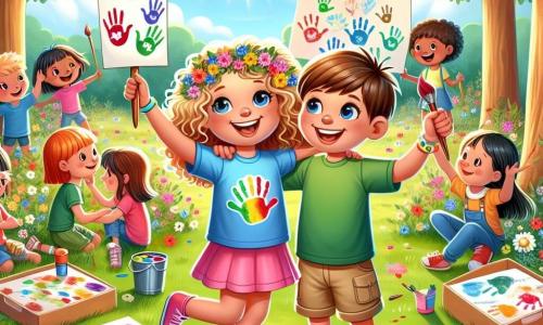 Ilustración que representa un parque soleado, lleno de flores coloridas y árboles majestuosos. En el centro, una niña de 9 años, con cabello rizado y dorado, lleva una camiseta azul y un short rosa, sonriendo alegremente mientras sostiene un cartel decorado con manos de colores. A su lado, un niño de 9 años, con cabello castaño y corto, vestido con una camiseta verde y pantalones beiges, la anima con una gran sonrisa, sosteniendo una paleta de pintura. Al fondo, otros niños de diferentes edades y apariencias participan en actividades lúdicas, como pintar y jugar, creando una atmósfera de camaradería y alegría. La escena irradia un ambiente festivo e inclusivo, ilustrando la importancia de la amistad y la comprensión de las diferencias.