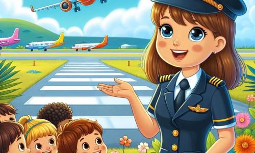 Illustrazione che rappresenta un aeroporto soleggiato, con aerei colorati allineati sulla pista, circondati da fiori tropicali e alberi verdi. In primo piano, una giovane pilota, vestita con un'uniforme blu scuro con un distintivo dorato, sorride ampiamente, con i capelli castani raccolti in una coda di cavallo. Guarda con entusiasmo un gruppo di cinque bambini, di età compresa tra 6 e 10 anni, che la circondano. I bambini, con capelli ricci e lisci, indossano t-shirt colorate e pantaloni corti, i loro occhi brillano di curiosità ed eccitazione. La donna spiega con passione il funzionamento di un aereo, mentre i bambini, affascinati, alzano le mani per fare domande. Sullo sfondo, un cielo blu chiaro con alcune nuvole bianche e un sole radioso illumina la scena, aggiungendo un'atmosfera gioiosa e giocosa a questo momento magico di condivisione e apprendimento.