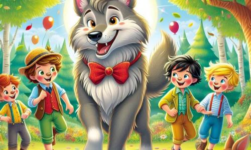 Illustratie van een magische scène in een zonnige open plek, omringd door grote bomen met groene bladeren, waar kleurrijke bloemen dansen op de wind. In het midden staat een grote grijze wolf met een glanzende vacht en vriendelijke, sprankelende ogen, die een rode strik draagt, met een warme glimlach. Naast hem staan vier jongens van ongeveer 10 jaar, elk met verschillende kenmerken: de ene heeft bruin haar en een bril, de andere is blond met een ondeugende glimlach, de derde heeft zwart haar en draagt een strohoed, en de laatste is rossig met sproeten. Ze lachen en dansen rond de wolf, wat hun opkomende vriendschap toont. Op de achtergrond naderen bosdieren, zoals konijnen en herten, verlegen, aangetrokken door de vrolijke sfeer. Bloemengirlanden en kleurrijke ballonnen versieren de scène, wat een feestelijke en gastvrije sfeer creëert.