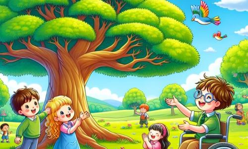 Illustratie van een groot groen park, met een enorme en majestueuze boom in het midden, zijn bladeren stralend groen en zijn takken uitgestrekt als verwelkomende armen. Aan de voet van deze boom staat een jongen van ongeveer 8 jaar, met rommelig bruin haar en een stralende glimlach, die zijn hand uitsteekt naar een klein gekleurd vogeltje dat net van een tak is gevlogen. Naast hem zit een meisje van 7 jaar, met lang blond haar en sprankelende ogen, in een mooie rolstoel versierd met bloemen, enthousiast klappend. Een andere jongen, ongeveer 9 jaar oud, met een bril en kastanjebruin haar, kijkt aandachtig naar de scène, met een geconcentreerde en vastberaden blik. De sfeer is vrolijk en vol kleuren, met kleurrijke bloemen verspreid rondom en een helderblauwe lucht met enkele donzige witte wolken.