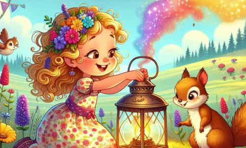 An illustration depicts a vast sunny meadow dotted with brightly colored flowers in shades of yellow, purple, and red. In the center, a 7-year-old girl with curly golden hair wears a floral-patterned dress. She is crouching with a big smile, rubbing an old rusty lantern that emits a faint shimmering smoke. Next to her, a mischievous squirrel with brown fur and cheeks full of nuts watches with sparkling eyes. A small bird with vibrant feathers perched on a flower sings joyfully, adding a touch of magic to the atmosphere. The main scene shows the girl discovering the magical lantern, surrounded by her new animal friends, as a light colorful mist rises around them, symbolizing the emergence of magic. In the background, gentle hills and a blue sky sprinkled with white clouds create a joyful and enchanted ambiance for this playful scene.