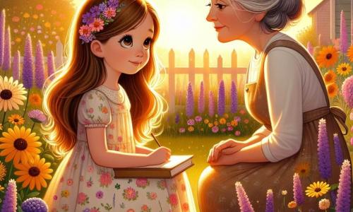 An illustration depicting a blooming garden filled with colorful flowers like yellow daisies and purple lavender, bathed in the golden light of the setting sun. In the center, a 7-year-old girl with long brown hair and sparkling eyes sits on a green lawn, surrounded by flowers. She wears a light floral-patterned dress and holds a small notebook in her hands, drawing with concentration. Next to her, a middle-aged woman with silver hair and a gentle smile stands, watching the girl with tenderness. The woman wears a simple dress and a straw hat, sharing a moment of connection and warmth with the child. The scene radiates an atmosphere of peace and nostalgia, symbolizing love and shared memories, with colorful butterflies fluttering around them, adding a touch of magic to this tender moment.