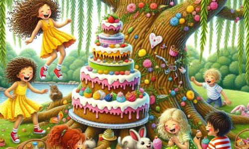 An illustration depicts a beautiful picnic under a large enchanted willow tree, its drooping branches adorned with shimmering leaves and colorful flowers. On the ground, a bright checkered blanket is scattered with delicious cakes, vibrant cupcakes, and candies that seem straight out of a fairy tale. A group of four children gathers around the blanket: an 8-year-old girl with curly hair in a twirling yellow dress, a 9-year-old boy in red sneakers and a striped t-shirt, a 7-year-old girl with a large green backpack filled with treats, and a 6-year-old girl holding a plush bunny, her faithful companion. They are all laughing and having fun, their faces lit up with joy. The main scene shows the children enjoying colorful cupcakes, while an adorable wombat with round eyes and soft fur joins them, sporting a cupcake on its head and laughing at the situation. Pink flamingos dance joyfully around them, adding a touch of magic and whimsy. The sky is a bright blue, dotted with fluffy clouds, and the sun shines, creating a warm and cheerful atmosphere.