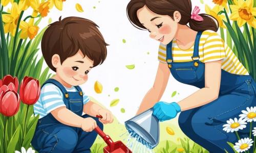 Ilustracja przedstawiająca ogród w pełnym rozkwicie wiosną, z kolorowymi kwiatami takimi jak czerwone tulipany, żółte żonkile i białe stokrotki. Na środku mały chłopiec w wieku 1 roku, z brązowymi włosami i błyszczącymi oczami, klęczy w ziemi, trzymając małą plastikową łopatkę. Ma na sobie niebieskie ogrodniczki i w paski koszulkę, na twarzy ma szeroki uśmiech radości. Obok niego stoi kobieta w wieku około 30 lat, z długimi brązowymi włosami, w lekkiej koszulce i spodniach ogrodniczych, podlewająca kwiaty konewką. Patrzy na małego chłopca z czułością, dzieląc się tym momentem odkrywania. Scena pokazuje chłopca sadzącego nasiona w luźnej ziemi, podczas gdy krople wody błyszczą w słońcu. W tle drzewa z zielonymi liśćmi i jasnoniebieskie niebo dodają radosnej wiosennej atmosfery. Kolorowe motyle latają wokół kwiatów, a mały ptak śpiewa na gałęzi, dopełniając ten czarujący wiosenny obraz.