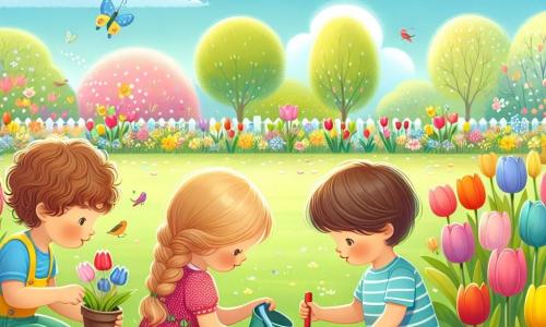 Ilustracja przedstawiająca ogród w pełnym rozkwicie, skąpany w łagodnym świetle wiosny. Kolorowe kwiaty, takie jak tulipany i narcyzy, kwitną wokół zielonej trawy. W centrum troje dzieci zajmuje się sadzeniem nasion w ziemi. Chłopiec w wieku 6 lat, z brązowymi, kręconymi włosami, ma na sobie niebieską koszulkę i żółte szorty. Klęczy, kopiąc małą dziurę małą plastikową łopatką. Obok niego dziewczynka w wieku 5 lat, z długimi, plecionymi blond włosami, ma na sobie różową sukienkę w kropki i radośnie się uśmiecha, trzymając woreczek z nasionami. Na koniec, chłopiec w wieku 7 lat, w okularach i z kasztanowymi włosami, stoi, trzymając małą łopatkę i z entuzjazmem patrzy na swoich przyjaciół. Scena uchwyca ekscytację i radość wiosny, z ptakami śpiewającymi na niebieskim niebie i kolorowymi motylami krążącymi wokół dzieci. Białe chmury delikatnie unoszą się, dodając odrobinę łagodności do tego pięknego, słonecznego dnia.