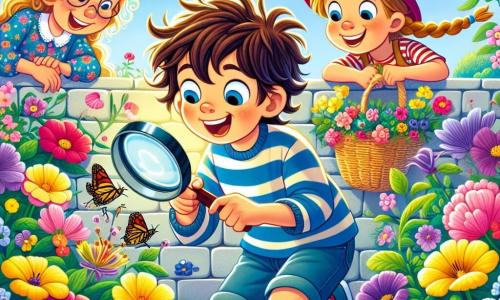 Ilustracja przedstawiająca kolorowy ogród wiosną, wypełniony jaskrawymi kwiatami w żywych odcieniach żółtego, fioletowego i różowego. Na środku, 7-letni chłopiec z potarganymi brązowymi włosami i błyszczącymi z ciekawości oczami, klęczy, uważnie obserwując małego ptaka siedzącego na murku. Ma na sobie niebieską koszulkę w paski i dżinsowe szorty, trzyma w ręku lupę, zafascynowany otaczającą go przyrodą. Obok niego dwóch przyjaciół: 7-letnia dziewczynka z długimi warkoczami blond włosów, ubrana w sukienkę w kwiaty, uśmiecha się, trzymając mały koszyk pełen nasion, oraz 8-letni chłopiec z brązowymi włosami, noszący czerwoną czapkę, który z entuzjazmem wskazuje ptaka. Scena emanuje radosną i wesołą atmosferą, z motylami fruwającymi wokół nich i niebieskim niebem usianym puszystymi białymi chmurami.