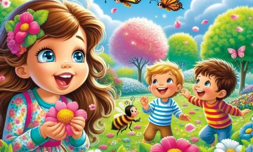 Ilustracja przedstawiająca wiosenny park skąpany w świetle, z kwitnącymi drzewami o różowych i białych płatkach, jasnymi kępami zieleni i niebieskim niebem usianym puszystymi chmurami. Na środku dziewczynka w wieku 7 lat, z długimi brązowymi włosami i błyszczącymi oczami, ma na sobie kolorową sukienkę ozdobioną kwiatami. Klęczy, zachwycona, obserwując małą pszczołę zbierającą nektar z kwiatu. W pobliżu grupa dwóch chłopców, każdy w wieku około 7 lat, jeden z blond włosami, a drugi z brązowymi, bawią się, goniąc kolorowego motyla, śmiejąc się i radośnie wołając. Scena emanuje atmosferą szczęścia i odkrywania, z kolorowymi kwiatami, brzęczącymi owadami i delikatnym śpiewem ptaków w tle, symbolizując odrodzenie i magię wiosny.