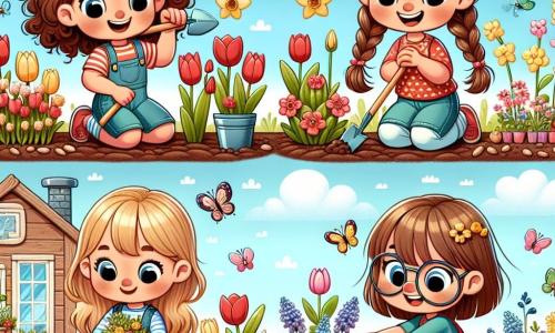 Ilustracja przedstawiająca kolorowy ogród w pełni wiosny, z kwiatami w jaskrawych kolorach: czerwonymi tulipanami, żółtymi żonkilami i fiołkami. Na środku cztery dziewczynki w wieku około 8-10 lat radośnie zajmują się pracą. Jedna z nich, brunetka z kręconymi włosami, trzyma małą łopatkę i z entuzjazmem kopie ziemię. Obok niej inna dziewczynka z warkoczami blond włosów delikatnie sadzi nasiona kwiatów, a jej twarz promienieje koncentracją. Trzecia dziewczynka, z brązowymi włosami i okularami, podlewa młode rośliny małym konewką, podczas gdy ostatnia, ruda dziewczynka z krótkimi włosami, uśmiecha się, trzymając kolorowy znak z napisem "Witamy w ogrodzie". W tle widać duży drewniany dom i niebieskie niebo z białymi chmurami, co dodaje magii tej wiosennej scenie. Motyle i pszczoły latają wokół kwiatów, wprowadzając radosną i żywą atmosferę do ilustracji.