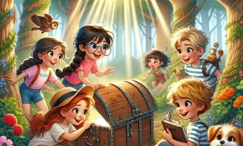 Ilustracja przedstawiająca magiczną scenę w zaczarowanym lesie, gdzie duże drzewa o grubych pniach i bujnej koronie tworzą zielony dach. Promienie słońca przebijają się przez gałęzie, oświetlając ziemię pokrytą kolorowymi kwiatami i złotymi liśćmi. W centrum obrazu grupa pięciu dzieci zgromadziła się wokół starej drewnianej skrzyni, częściowo zakopanej pod liśćmi. Jest dziewczynka w wieku około 8 lat, z długimi, splecionymi brązowymi włosami, ubrana w różowy t-shirt i dżinsowe szorty, która z uśmiechem patrzy na skrzynię. Obok niej chłopiec w wieku 9 lat, w okularach i z rozwianymi włosami, pochyla się do przodu, trzymając zeszyt i ołówek, gotowy do zapisania swoich odkryć. Inny chłopiec, mający 7 lat, z blond włosami i błyszczącymi oczami, ciągnie za sznur, aby pomóc wydobyć skrzynię. Dziewczynka w wieku 10 lat, w okularach przeciwsłonecznych i słomkowym kapeluszu, siedzi na kamieniu, obserwując scenę z szerokim uśmiechem. Na koniec, mały piesek o kręconych włosach biega wokół nich, dodając radości całej scenerii. W tle kolorowe ptaki latają między gałęziami, a motyle tańczą w powietrzu, podczas gdy lśniący strumień wije się przez las. Atmosfera jest pełna ekscytacji i ciekawości, uchwycając ducha przygody małych odkrywców.