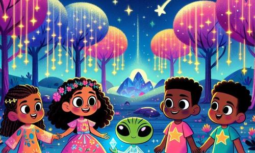 Illustratie van een betoverend landschap op de planeet Glimmer, waar glinsterende bomen in felle kleuren oprijzen naar een sterrenhemel. In het midden van de scène staat een groep van vier kinderen, twee meisjes en twee jongens, voor een grote sprankelende grot. De meisjes, ongeveer zeven jaar oud, hebben lang, krullend haar; de een draagt een roze jurk met bloemenpatronen, terwijl de ander een blauwe tuniek met sterren aan heeft. De jongens, ook zeven jaar oud, dragen kleurrijke t-shirts; de een heeft bruin haar en de ander is blond. Ze kijken verwonderd naar een kleine groene alien met grote ronde ogen en een vriendelijke glimlach, die een glanzende kristal in zijn handen houdt. De hoofdscène toont de kinderen en de alien die hun ontdekking vieren, omringd door dansende bloemen en sprankelende lichten, wat een magische en vrolijke sfeer creëert. Vliegende sterren trekken door de lucht, wat een vleugje magie toevoegt aan deze intergalactische avontuurlijke scène.