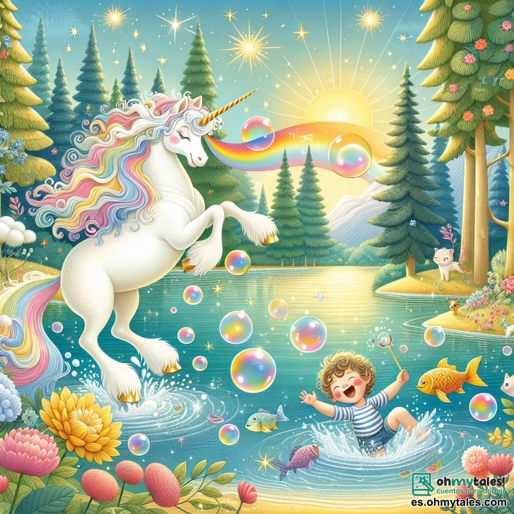 Ilustración que representa un hermoso lago de aguas cristalinas, rodeado de grandes árboles con hojas brillantes como estrellas y flores coloridas que bailan al viento. A la orilla del lago, una majestuosa unicornio se encuentra, con un pelaje blanco brillante y una melena con reflejos de arcoíris, divirtiéndose haciendo burbujas gigantes que flotan en el aire, su mirada llena de alegría. Junto a ella, un niño pequeño de aproximadamente 6 años, con cabello rizado y una camiseta a rayas, ríe a carcajadas mientras intenta atrapar una burbuja que se escapa. La escena irradia una atmósfera de magia y felicidad, con peces coloridos saltando fuera del agua y risas resonando en el aire. Rayos de sol dorados iluminan el paisaje, creando un ambiente cálido y alegre.