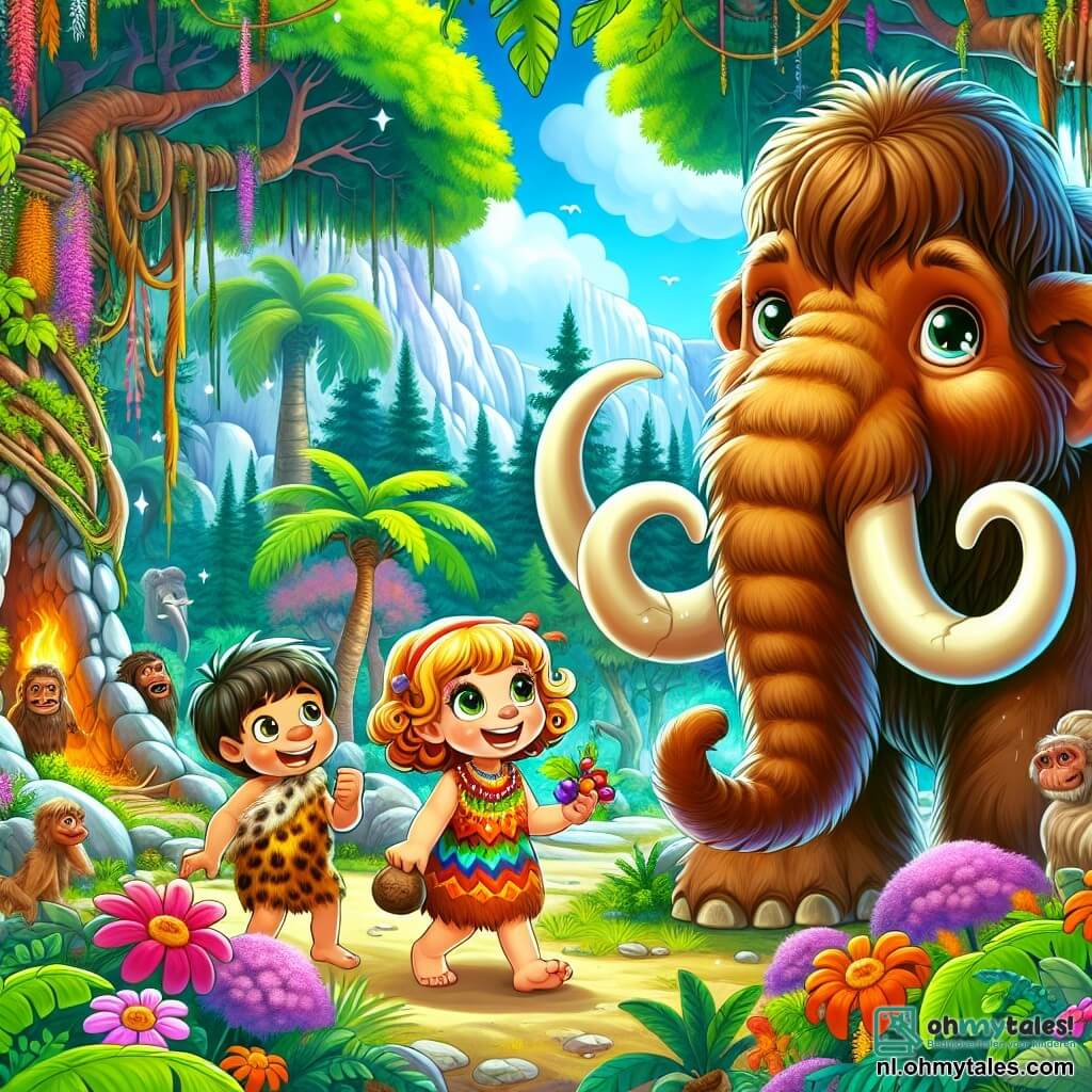 Illustratie die een levendige scène in een prehistorische jungle weergeeft, waar gigantische bomen met dikke stammen en weelderig loof een magische sfeer creëren. In het midden nadert een 7-jarig meisje met grote, glanzende ogen en krullend haar, gekleed in een kleurrijke jurk, verwonderd een mammoth met lange, zachte haren, haar gezicht verlicht door vreugde. Naast haar staat een 7-jarig jongetje met kort haar en een ondeugende glimlach, dat gefascineerd naar de mammoth kijkt, terwijl hij een kleine handvol kleurrijke bessen vasthoudt die hij net heeft geplukt. Op de achtergrond laat een Neanderthaler, een robuuste man van rond de dertig met een grote baard en dierenhuiden, de kinderen zien hoe ze vuur kunnen maken, zijn ogen sprankelend van vriendelijkheid. De sfeer is gevuld met levendige kleuren en exotische details, met stralende bloemen en prehistorische dieren die door de jungle bewegen, wat een avontuurlijke en ontdekkende scène creëert.