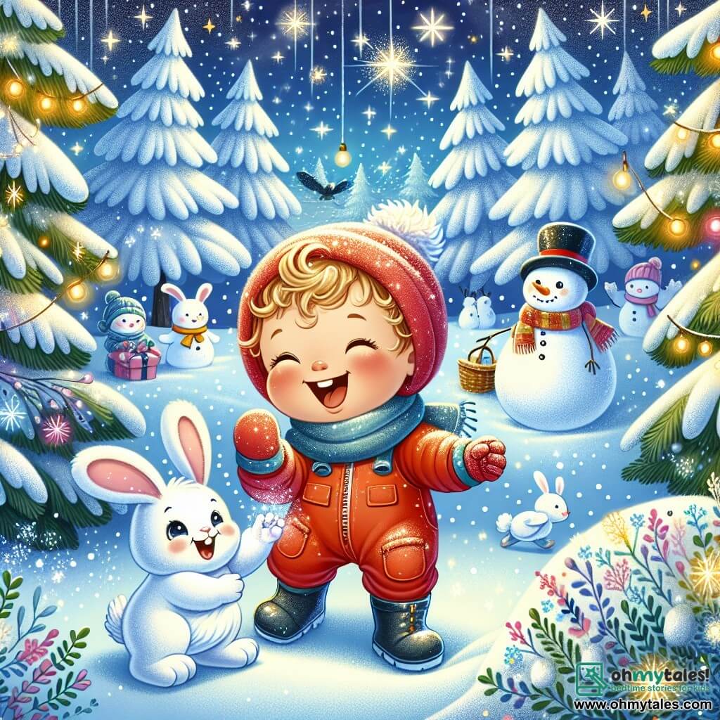 An illustration depicting an enchanted winter forest, where majestic trees are covered in sparkling snow. Snowflakes gently fall from the starry sky, illuminating the scene with a magical glow. In the center, a one-year-old boy with rosy cheeks and curly blonde hair joyfully laughs while playing in the snow. He wears a bright red snowsuit with rubber boots and gloves, happily picking up snowflakes with his little hands. Beside him is an adorable white rabbit with big ears and sparkling eyes, seemingly inviting him to follow on this adventure. A smiling snowman, wearing a black hat and a colorful scarf, stands in the background, ready to welcome the boy and his friend. The scene exudes an atmosphere of joy and Christmas magic, with twinkling stars and fairy lights enhancing the beauty of this enchanting moment.