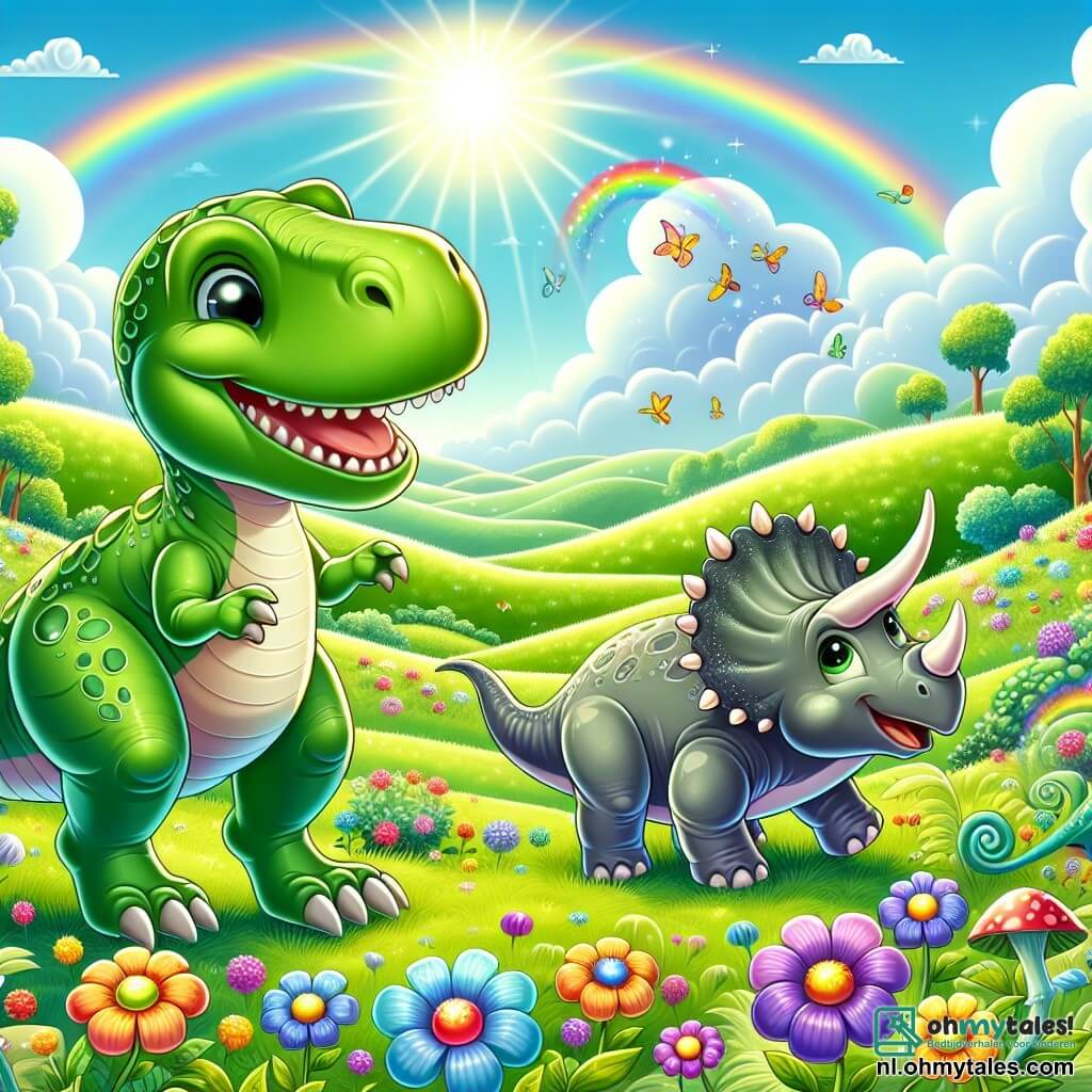 Illustratie van een uitgestrekte groene vallei, baad in stralend zonlicht, met zachte heuvels en kleurrijke bloemen die in de wind dansen. Op de voorgrond staat een grote Tyrannosaurus Rex met een vriendelijke glimlach, met een groene huid en glanzende schubben, vrolijk met zijn kleine armen omhoog alsof hij danst. Naast hem staat een Triceratops met majestueuze hoorns en een grijze huid, met een speelse blik, klaar om van blijdschap te springen. Magische bloemen in levendige kleuren met lachende gezichten zweven om hen heen en voegen een vleugje magie toe aan de scène. Samen genieten ze van een moment van gedeeld geluk, omringd door de schoonheid van de natuur, onder een blauwe lucht met donzige witte wolken.