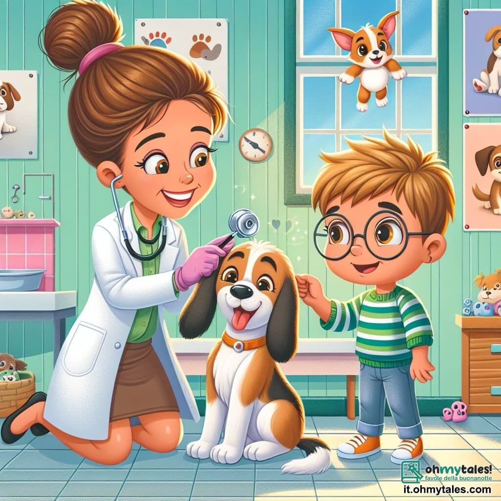 Illustrazione che rappresenta una clinica veterinaria luminosa e accogliente, con pareti dipinte di verde pastello e poster di animali sorridenti appesi. Al centro, una veterinaria di circa trent'anni, con capelli castani raccolti in un chignon e un stetoscopio al collo, sorride calorosamente mentre esamina un cucciolo dalle grandi orecchie, che sembra curioso e gioioso. Accanto a lei, un ragazzo di circa 8 anni, con capelli biondi arruffati e occhiali, osserva attentamente, con gli occhi brillanti di eccitazione, tenendo un piccolo strumento per aiutare a controllare le orecchie del cucciolo. La scena mostra la veterinaria mentre rassicura il cucciolo, mentre il ragazzo, con un sorriso meravigliato, impara a prendersi cura degli animali. Giocattoli per animali sono sparsi sul pavimento e una finestra lascia entrare la luce del sole, aggiungendo un'atmosfera calda e amichevole all'insieme.
