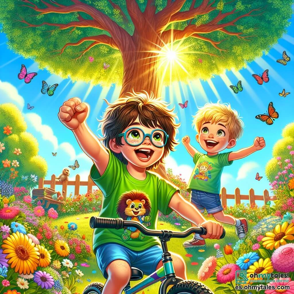 Ilustración que representa un jardín soleado, lleno de flores coloridas y árboles frondosos, con un gran árbol majestuoso en el centro, cuyas ramas se extienden hacia el cielo azul. En primer plano, un niño de 9 años, con el cabello castaño alborotado y gafas, está sentado en su pequeña bicicleta adaptada, con una gran sonrisa en su rostro. Lleva una camiseta verde con un dragón sonriente y un pantalón corto azul. A su lado, un niño de 10 años, con cabello rubio y ropa colorida, lo anima con entusiasmo, levantando los brazos en señal de aplauso. La escena muestra al niño pedaleando con determinación, mientras mariposas coloridas vuelan a su alrededor, añadiendo un toque de magia a este momento de alegría y éxito.