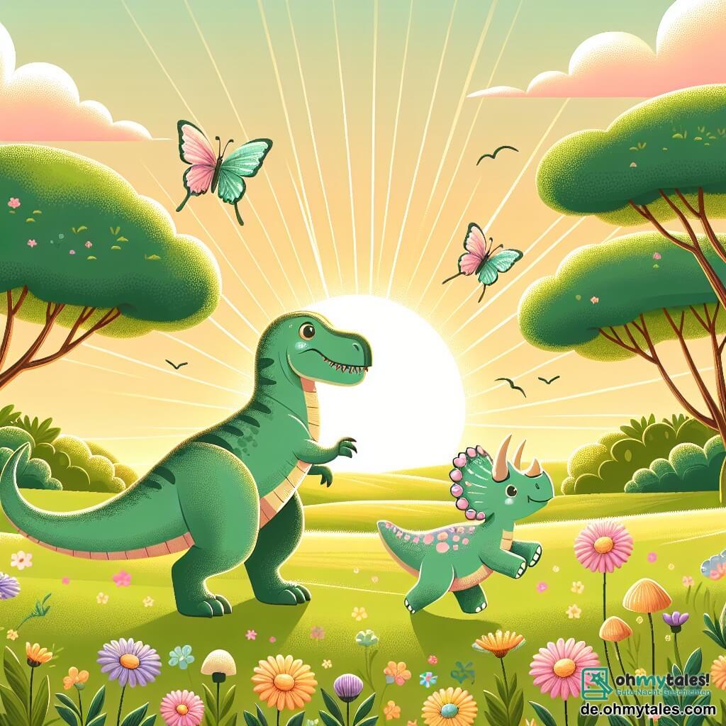 Illustration eines weiten, grünen Feldes, das im goldenen Licht der untergehenden Sonne erstrahlt, mit bunten Blumen und großen Bäumen mit üppigem Laub. In der Mitte ein großer Tyrannosaurus Rex mit glänzenden grünen Schuppen und einem langen, kräftigen Schwanz, der fröhlich lächelt und im Gras spielt. An seiner Seite ein kleiner Triceratops mit rundem Körper und drei kleinen Hörnern in Pastellfarben, der vor Freude springt, während er einem wunderschönen Schmetterling mit bunten Flügeln nachjagt. Die Szene strahlt eine Atmosphäre von Glück und Freundschaft aus, mit Vögeln, die am Himmel fliegen, und sanft schwebenden rosa Wolken.