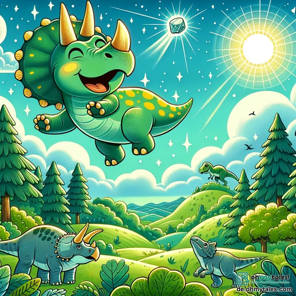 Illustration eines weiten, grünen prähistorischen Landschafts mit sanften Hügeln und riesigen Bäumen mit üppigem Laub. Im Zentrum der Szene schwebt ein fröhlicher Triceratops mit grüner Haut und gelben Flecken, der seine drei majestätischen Hörner entfaltet und mit einem großen Lächeln im Gesicht in der Luft schwebt. Unten schauen verschiedene Dinosaurierarten, wie ein langer und anmutiger Diplodocus und ein agiler Velociraptor, mit staunenden Gesichtsausdrücken nach oben und bewundern den fliegenden Triceratops. Der Himmel ist strahlend blau, gesprenkelt mit flauschigen weißen Wolken, und eine strahlende Sonne scheint und taucht die Szene in warmes Licht. Ein magischer Glanz geht von einem kleinen, leuchtenden Stein aus, der in der Nähe des Triceratops schwebt und die Kraft des Fliegens symbolisiert.