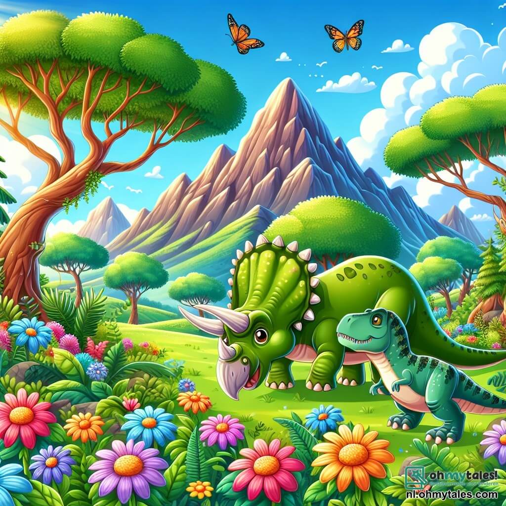 Illustratie van een levendig en kleurrijk prehistorisch landschap, met grote bergen op de achtergrond, reusachtige bomen met weelderige groene bladeren en bloemen in felle kleuren. Op de voorgrond staat een majestueuze triceratops met drie grote hoorns op zijn hoofd, een dikke en ruwe groene huid, trots te grazen van sappige bladeren van een boom. Naast hem kijkt een kleine tyrannosaurus, met een slank lichaam en bruine schubben, nieuwsgierig toe, zijn heldere ogen vol verwondering. De scène straalt een vrolijke en avontuurlijke sfeer uit, terwijl de twee dinosaurussen hun omgeving verkennen, omringd door kleurrijke vlinders die om hen heen fladderen. De lucht is blauw met enkele donzige witte wolken, en de zon schijnt, wat een vleugje warmte toevoegt aan deze ontdekkingsdag.