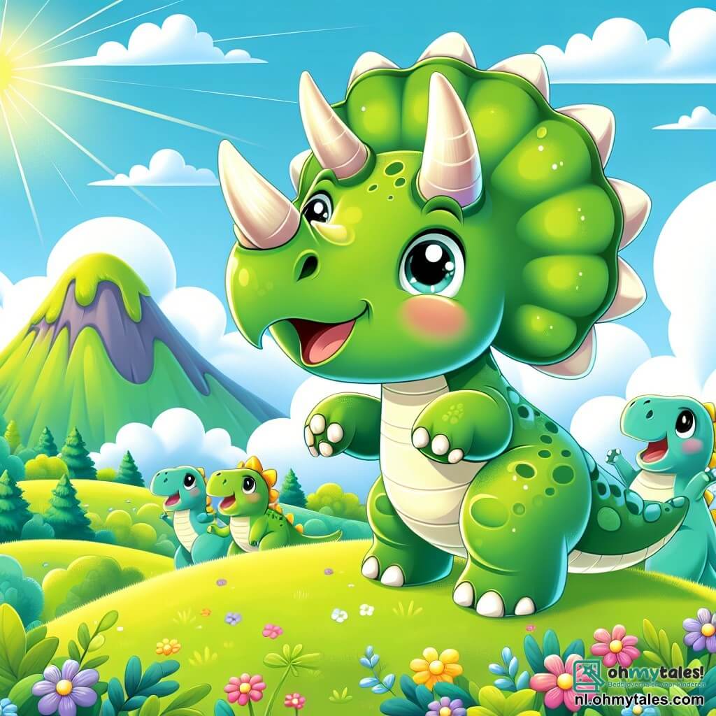 Illustratie van een zonnige scène op een hoge groene berg, met zachte heuvels en kleurrijke bomen. Op de voorgrond staat een grote, felgroene triceratops met drie majestueuze hoorns op zijn voorhoofd, vrolijk en met sprankelende ogen van blijdschap. Hij speelt met zijn familie, een paar iets kleinere dinosaurussen in blauw en geel, die hem teder aankijken. De scène straalt vreugde en veiligheid uit, terwijl de triceratops lacht, omringd door kleurrijke bloemen en een blauwe lucht met donzige witte wolken. Op de achtergrond is een vriendelijke brontosaurus te zien, wiens slanke silhouet zich aftekent tegen de lucht, wat een vleugje magie toevoegt aan dit moment van kameraadschap en gezinsgeluk.