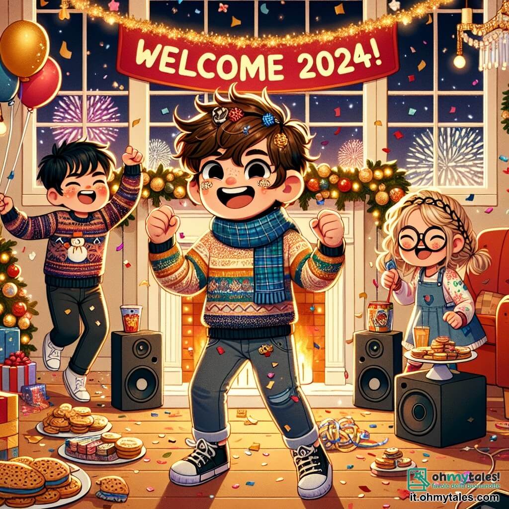 Illustrazione che rappresenta una scena festosa in un salotto accogliente decorato per il Capodanno. Le pareti sono adornate con ghirlande scintillanti e palloncini dorati e rossi, mentre un grande pannello "Benvenuto 2024!" troneggia sopra un camino decorato. Al centro della stanza, un ragazzo di 11 anni, con i capelli castani arruffati e un sorriso splendente, sta ballando gioiosamente, vestito con un maglione colorato e pantaloni di jeans. Tiene dei coriandoli nelle mani, pronto a lanciarli in aria. Accanto a lui, una ragazza di circa 10 anni, con i capelli biondi intrecciati e occhiali, ride mentre tiene un vassoio di biscotti decorati, mentre un ragazzo di 11 anni, con i capelli neri e gli occhi scintillanti, si prepara a mettere musica su un piccolo altoparlante. La stanza è piena di risate ed eccitazione, e i fuochi d'artificio illuminano il cielo attraverso la finestra, aggiungendo un tocco magico a questa celebrazione. Piatti di deliziose prelibatezze sono disposti su un tavolo, creando un'atmosfera gioiosa e conviviale.