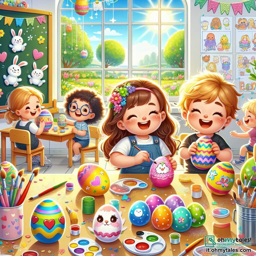 Illustrazione che rappresenta una scena gioiosa in un'aula luminosa, con grandi finestre che lasciano entrare la luce del sole. Le pareti sono decorate con disegni colorati e festoni pasquali, mentre un grande tavolo di legno è coperto di uova di Pasqua dipinte in modo creativo. Al centro dell'immagine, una bambina di tre anni, con lunghi capelli castani e trecce, sorride felice tenendo un uovo di Pasqua rosa decorato con cuori rossi. Accanto a lei, un bambino di tre anni, con capelli biondi e ricci, mostra orgogliosamente il suo uovo blu ornato di stelle gialle. Un'altra bambina di tre anni con capelli castani e occhiali è seduta per terra, circondata da glitter, mentre decora un uovo bianco con adesivi colorati. La scena principale mostra i bambini che si divertono insieme, ridendo e condividendo le loro creazioni, con pennelli e barattoli di vernice sparsi intorno a loro. Uova di Pasqua brillanti e colorate sono visibili sul tavolo, mentre un'atmosfera di festa e amicizia pervade la stanza. Sullo sfondo, una lavagna è piena di disegni di conigli e fiori, aggiungendo alla magia della Pasqua.