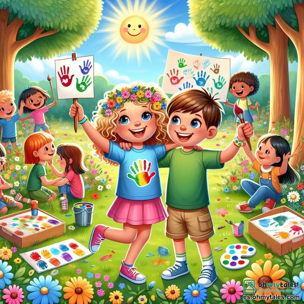 Ilustración que representa un parque soleado, lleno de flores coloridas y árboles majestuosos. En el centro, una niña de 9 años, con cabello rizado y dorado, lleva una camiseta azul y un short rosa, sonriendo alegremente mientras sostiene un cartel decorado con manos de colores. A su lado, un niño de 9 años, con cabello castaño y corto, vestido con una camiseta verde y pantalones beiges, la anima con una gran sonrisa, sosteniendo una paleta de pintura. Al fondo, otros niños de diferentes edades y apariencias participan en actividades lúdicas, como pintar y jugar, creando una atmósfera de camaradería y alegría. La escena irradia un ambiente festivo e inclusivo, ilustrando la importancia de la amistad y la comprensión de las diferencias.
