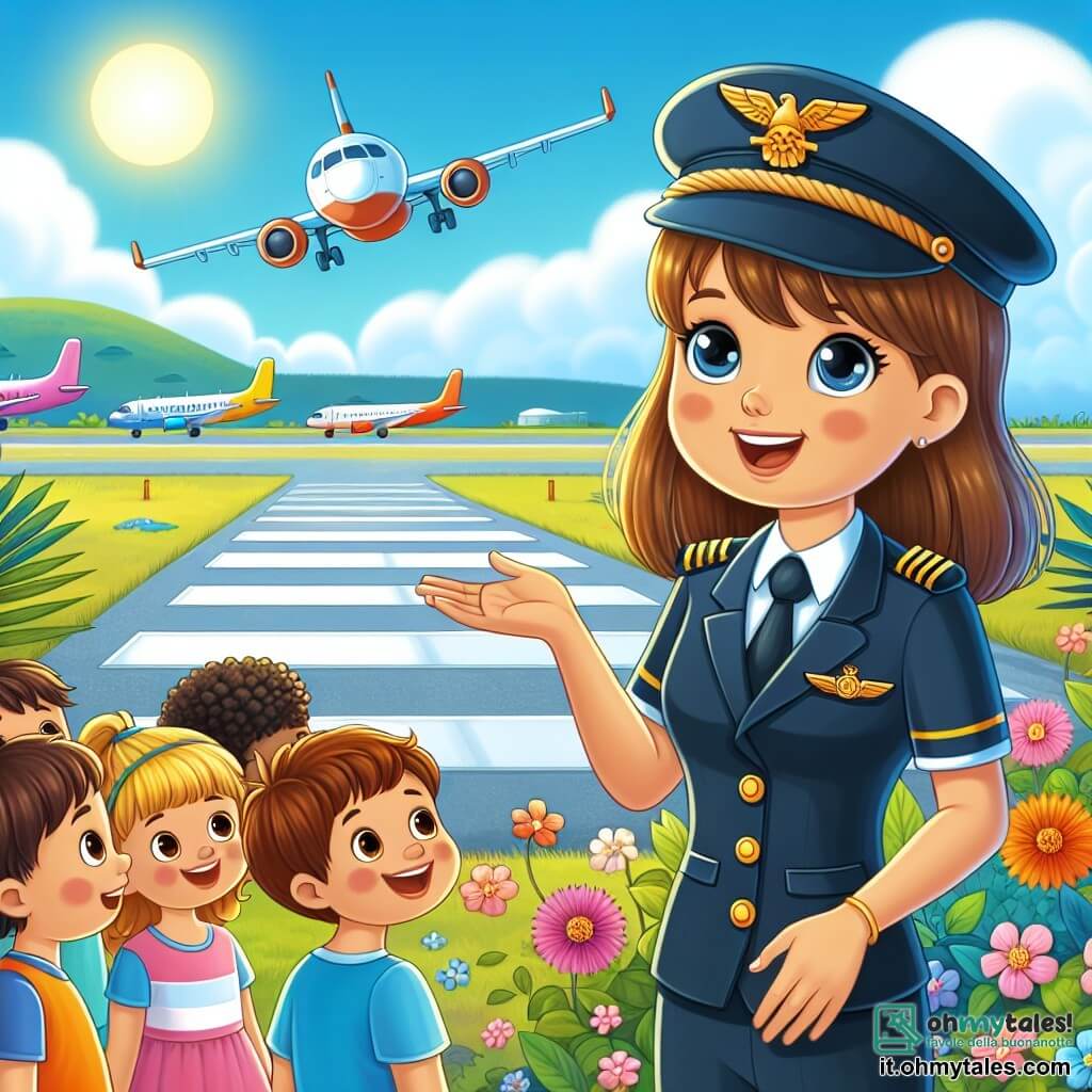 Illustrazione che rappresenta un aeroporto soleggiato, con aerei colorati allineati sulla pista, circondati da fiori tropicali e alberi verdi. In primo piano, una giovane pilota, vestita con un'uniforme blu scuro con un distintivo dorato, sorride ampiamente, con i capelli castani raccolti in una coda di cavallo. Guarda con entusiasmo un gruppo di cinque bambini, di età compresa tra 6 e 10 anni, che la circondano. I bambini, con capelli ricci e lisci, indossano t-shirt colorate e pantaloni corti, i loro occhi brillano di curiosità ed eccitazione. La donna spiega con passione il funzionamento di un aereo, mentre i bambini, affascinati, alzano le mani per fare domande. Sullo sfondo, un cielo blu chiaro con alcune nuvole bianche e un sole radioso illumina la scena, aggiungendo un'atmosfera gioiosa e giocosa a questo momento magico di condivisione e apprendimento.