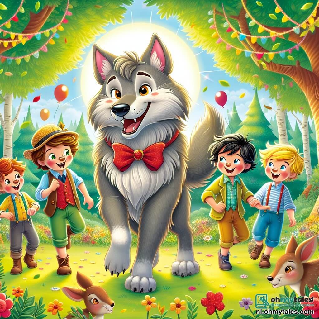 Illustratie van een magische scène in een zonnige open plek, omringd door grote bomen met groene bladeren, waar kleurrijke bloemen dansen op de wind. In het midden staat een grote grijze wolf met een glanzende vacht en vriendelijke, sprankelende ogen, die een rode strik draagt, met een warme glimlach. Naast hem staan vier jongens van ongeveer 10 jaar, elk met verschillende kenmerken: de ene heeft bruin haar en een bril, de andere is blond met een ondeugende glimlach, de derde heeft zwart haar en draagt een strohoed, en de laatste is rossig met sproeten. Ze lachen en dansen rond de wolf, wat hun opkomende vriendschap toont. Op de achtergrond naderen bosdieren, zoals konijnen en herten, verlegen, aangetrokken door de vrolijke sfeer. Bloemengirlanden en kleurrijke ballonnen versieren de scène, wat een feestelijke en gastvrije sfeer creëert.