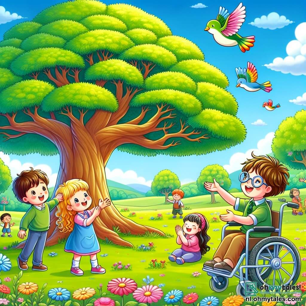 Illustratie van een groot groen park, met een enorme en majestueuze boom in het midden, zijn bladeren stralend groen en zijn takken uitgestrekt als verwelkomende armen. Aan de voet van deze boom staat een jongen van ongeveer 8 jaar, met rommelig bruin haar en een stralende glimlach, die zijn hand uitsteekt naar een klein gekleurd vogeltje dat net van een tak is gevlogen. Naast hem zit een meisje van 7 jaar, met lang blond haar en sprankelende ogen, in een mooie rolstoel versierd met bloemen, enthousiast klappend. Een andere jongen, ongeveer 9 jaar oud, met een bril en kastanjebruin haar, kijkt aandachtig naar de scène, met een geconcentreerde en vastberaden blik. De sfeer is vrolijk en vol kleuren, met kleurrijke bloemen verspreid rondom en een helderblauwe lucht met enkele donzige witte wolken.