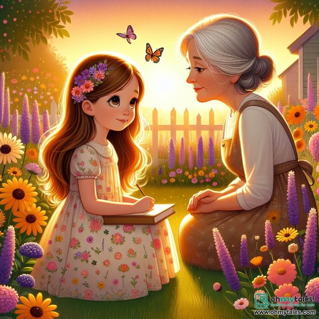 An illustration depicting a blooming garden filled with colorful flowers like yellow daisies and purple lavender, bathed in the golden light of the setting sun. In the center, a 7-year-old girl with long brown hair and sparkling eyes sits on a green lawn, surrounded by flowers. She wears a light floral-patterned dress and holds a small notebook in her hands, drawing with concentration. Next to her, a middle-aged woman with silver hair and a gentle smile stands, watching the girl with tenderness. The woman wears a simple dress and a straw hat, sharing a moment of connection and warmth with the child. The scene radiates an atmosphere of peace and nostalgia, symbolizing love and shared memories, with colorful butterflies fluttering around them, adding a touch of magic to this tender moment.