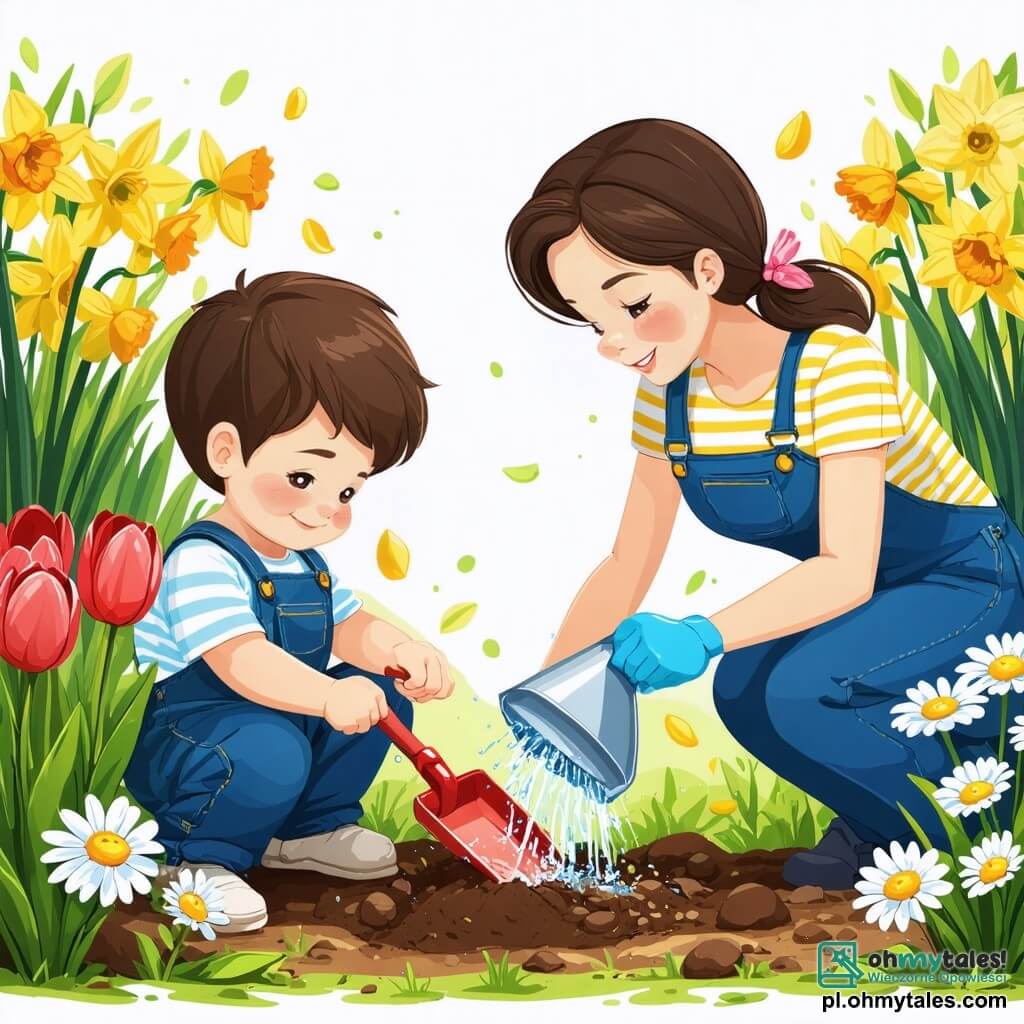 Ilustracja przedstawiająca ogród w pełnym rozkwicie wiosną, z kolorowymi kwiatami takimi jak czerwone tulipany, żółte żonkile i białe stokrotki. Na środku mały chłopiec w wieku 1 roku, z brązowymi włosami i błyszczącymi oczami, klęczy w ziemi, trzymając małą plastikową łopatkę. Ma na sobie niebieskie ogrodniczki i w paski koszulkę, na twarzy ma szeroki uśmiech radości. Obok niego stoi kobieta w wieku około 30 lat, z długimi brązowymi włosami, w lekkiej koszulce i spodniach ogrodniczych, podlewająca kwiaty konewką. Patrzy na małego chłopca z czułością, dzieląc się tym momentem odkrywania. Scena pokazuje chłopca sadzącego nasiona w luźnej ziemi, podczas gdy krople wody błyszczą w słońcu. W tle drzewa z zielonymi liśćmi i jasnoniebieskie niebo dodają radosnej wiosennej atmosfery. Kolorowe motyle latają wokół kwiatów, a mały ptak śpiewa na gałęzi, dopełniając ten czarujący wiosenny obraz.