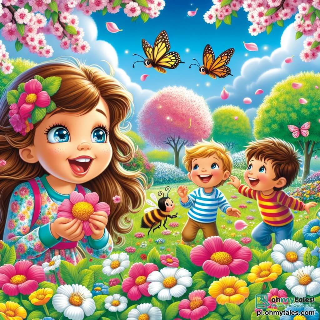Ilustracja przedstawiająca wiosenny park skąpany w świetle, z kwitnącymi drzewami o różowych i białych płatkach, jasnymi kępami zieleni i niebieskim niebem usianym puszystymi chmurami. Na środku dziewczynka w wieku 7 lat, z długimi brązowymi włosami i błyszczącymi oczami, ma na sobie kolorową sukienkę ozdobioną kwiatami. Klęczy, zachwycona, obserwując małą pszczołę zbierającą nektar z kwiatu. W pobliżu grupa dwóch chłopców, każdy w wieku około 7 lat, jeden z blond włosami, a drugi z brązowymi, bawią się, goniąc kolorowego motyla, śmiejąc się i radośnie wołając. Scena emanuje atmosferą szczęścia i odkrywania, z kolorowymi kwiatami, brzęczącymi owadami i delikatnym śpiewem ptaków w tle, symbolizując odrodzenie i magię wiosny.