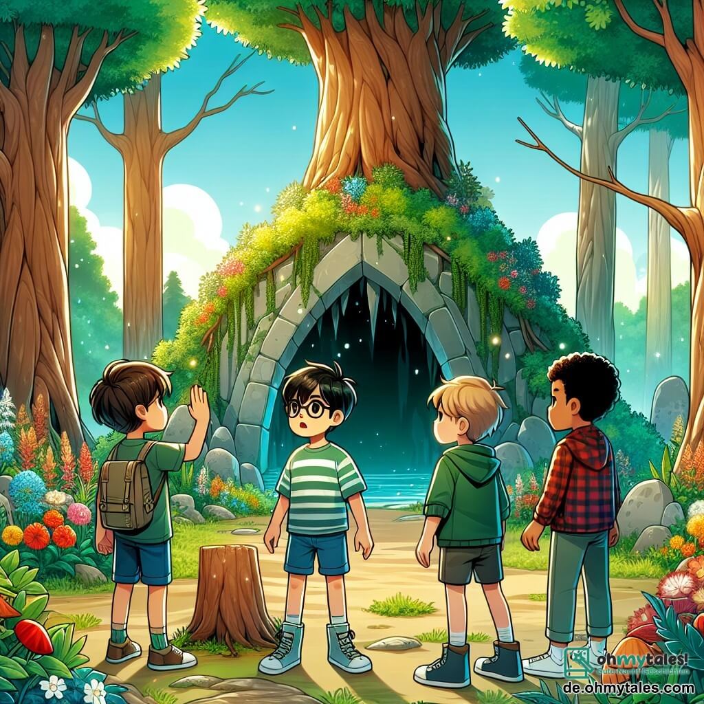 Eine Illustration zeigt eine Szene in einem verwunschenen Wald, wo große Bäume mit dicken Stämmen und leuchtend grünen Blättern in den blauen Himmel mit weißen Wolken ragen. Im Zentrum steht eine alte, geheimnisvolle Höhle, umgeben von bunten Blumen und dichten Sträuchern, die eine magische und faszinierende Atmosphäre schaffen. Vor dem Eingang der Höhle stehen vier Freunde. Der erste ist ein etwa 10-jähriger Junge mit zerzausten braunen Haaren und einem mutigen Lächeln. Er trägt ein rotes T-Shirt und eine blaue Shorts und schaut entschlossen zur Höhle. Neben ihm steht ein weiterer 10-jähriger Junge mit blonden Haaren und Brille, der ein kariertes Hemd trägt und nachdenklich mit zusammengezogenen Augenbrauen wirkt. Der dritte Junge ist etwa 9 Jahre alt, hat schwarze Haare und ein schelmisches Gesicht. Er trägt einen grünen Kapuzenpullover und macht eine enthusiastische Geste, bereit, die Höhle zu betreten. Schließlich ist der letzte Junge etwa 11 Jahre alt und sitzt im Rollstuhl. Er hat kastanienbraune Haare und einen intelligenten Blick, gekleidet in ein gelbes T-Shirt, und hält eine Karte in den Händen, die den Weg zur Höhle zeigt. Die Hauptsituation zeigt die Freunde mit einer Mischung aus Aufregung und Besorgnis auf ihren Gesichtern, während sie sich darauf vorbereiten, das Geheimnis des großen bösen Wolfes zu entdecken. Lichtstrahlen filtern durch die Bäume, erhellen die Szene und verleihen einen Hauch von Magie. Kleine Waldbewohner wie Eichhörnchen und Vögel beobachten neugierig die Kinder und fügen der Illustration eine lebendige und freundliche Atmosphäre hinzu.