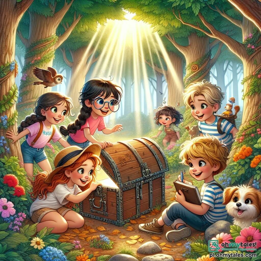 Ilustracja przedstawiająca magiczną scenę w zaczarowanym lesie, gdzie duże drzewa o grubych pniach i bujnej koronie tworzą zielony dach. Promienie słońca przebijają się przez gałęzie, oświetlając ziemię pokrytą kolorowymi kwiatami i złotymi liśćmi. W centrum obrazu grupa pięciu dzieci zgromadziła się wokół starej drewnianej skrzyni, częściowo zakopanej pod liśćmi. Jest dziewczynka w wieku około 8 lat, z długimi, splecionymi brązowymi włosami, ubrana w różowy t-shirt i dżinsowe szorty, która z uśmiechem patrzy na skrzynię. Obok niej chłopiec w wieku 9 lat, w okularach i z rozwianymi włosami, pochyla się do przodu, trzymając zeszyt i ołówek, gotowy do zapisania swoich odkryć. Inny chłopiec, mający 7 lat, z blond włosami i błyszczącymi oczami, ciągnie za sznur, aby pomóc wydobyć skrzynię. Dziewczynka w wieku 10 lat, w okularach przeciwsłonecznych i słomkowym kapeluszu, siedzi na kamieniu, obserwując scenę z szerokim uśmiechem. Na koniec, mały piesek o kręconych włosach biega wokół nich, dodając radości całej scenerii. W tle kolorowe ptaki latają między gałęziami, a motyle tańczą w powietrzu, podczas gdy lśniący strumień wije się przez las. Atmosfera jest pełna ekscytacji i ciekawości, uchwycając ducha przygody małych odkrywców.