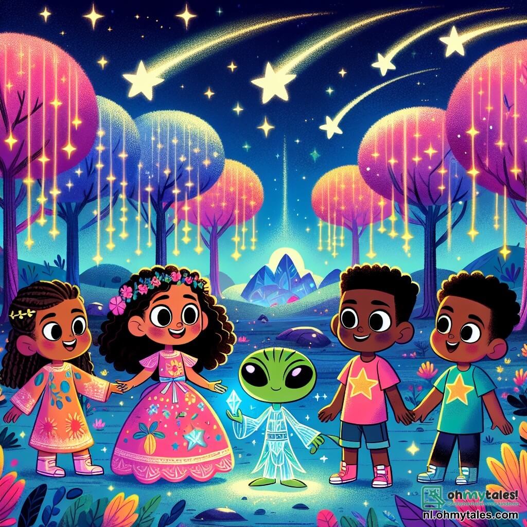 Illustratie van een betoverend landschap op de planeet Glimmer, waar glinsterende bomen in felle kleuren oprijzen naar een sterrenhemel. In het midden van de scène staat een groep van vier kinderen, twee meisjes en twee jongens, voor een grote sprankelende grot. De meisjes, ongeveer zeven jaar oud, hebben lang, krullend haar; de een draagt een roze jurk met bloemenpatronen, terwijl de ander een blauwe tuniek met sterren aan heeft. De jongens, ook zeven jaar oud, dragen kleurrijke t-shirts; de een heeft bruin haar en de ander is blond. Ze kijken verwonderd naar een kleine groene alien met grote ronde ogen en een vriendelijke glimlach, die een glanzende kristal in zijn handen houdt. De hoofdscène toont de kinderen en de alien die hun ontdekking vieren, omringd door dansende bloemen en sprankelende lichten, wat een magische en vrolijke sfeer creëert. Vliegende sterren trekken door de lucht, wat een vleugje magie toevoegt aan deze intergalactische avontuurlijke scène.
