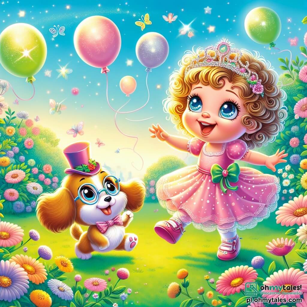 Ilustracja przedstawiająca zaczarowany ogród wypełniony kolorowymi kwiatami i unoszącymi się w powietrzu balonami. W centrum mała dziewczynka w wieku 1 roku z dużymi, błyszczącymi oczami i kręconymi włosami, ubrana w różową sukienkę w białe kropki, tańczy radośnie z promiennym uśmiechem. Obok niej mały piesek z dużymi uszami, o złotym futrze i okularami na nosie, skacze w rytm muzyki, a jego ogon merda z ekscytacji. Niedaleko nich wesoła zielona żaba w cylindrze skacze w rytm muzyki, tworząc radosną atmosferę. Scena emanuje radością i magią, z wybuchami śmiechu i żywymi kolorami, ilustrując moment czystego szczęścia i przyjaźni w tym bajkowym świecie.
