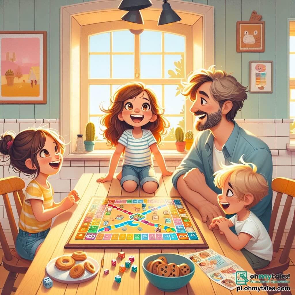 Ilustracja przedstawiająca ciepłą scenę w rodzinnej kuchni. Ściany są pomalowane na pastelowy żółty kolor, a okna wpuszczają światło słoneczne, oświetlając drewniany stół, na którym znajduje się kolorowa gra planszowa. Na środku dziewczynka w wieku 7 lat, z długimi brązowymi włosami i błyszczącymi oczami, radośnie uśmiecha się, trzymając kostkę do gry w dłoniach. Ma na sobie koszulkę w paski i dżinsowe szorty. Obok niej chłopiec w wieku 8 lat, z rozczochranymi blond włosami i okularami, z entuzjazmem przygląda się planszy. Mężczyzna w wieku około 30 lat, z lekką brodą i ciepłym uśmiechem, siedzi naprzeciwko nich, śmiejąc się i zachęcając dzieci. Kobieta w wieku około 30 lat, z brązowymi włosami związanymi w kok, pochyla się do przodu z rozbawionym wyrazem twarzy, trzymając talerz z ciastkami. Atmosfera jest radosna i przyjazna, pełna śmiechu i bliskości, ilustrując moment rodzinnego szczęścia.